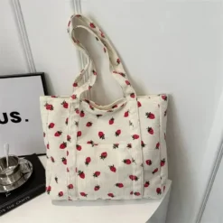 Corduroy Handbag Strawberries Beach Bag Fashionable Versatile